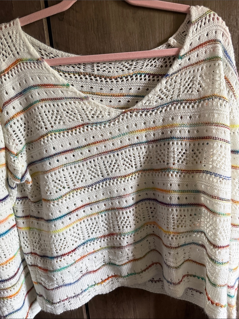 Cream Open-Knit Sweater with Rainbow Stripes